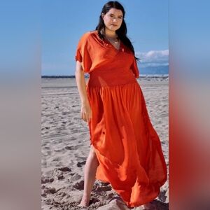 Kimono Sleeves Smocked / Ruched Waist Coral Maxi Dress Plus Size 1X 2X 3X
